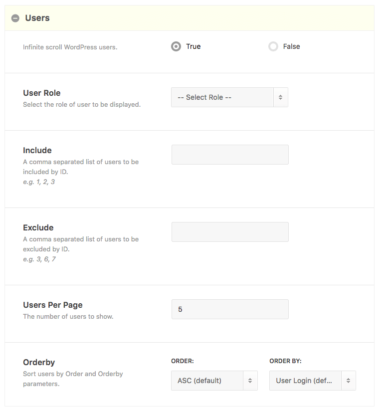 Users Shortcode Builder Options